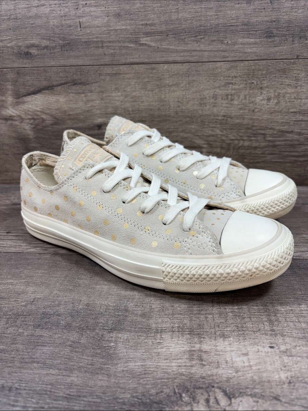 Converse All Star Women’s Cream w/Gold Polka Dots Faded Look Shoes Oxford Size 7